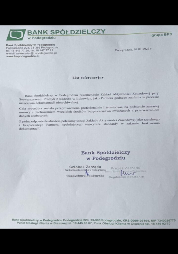 Referencje z Banku Spółdzielczego w Podegrodziu