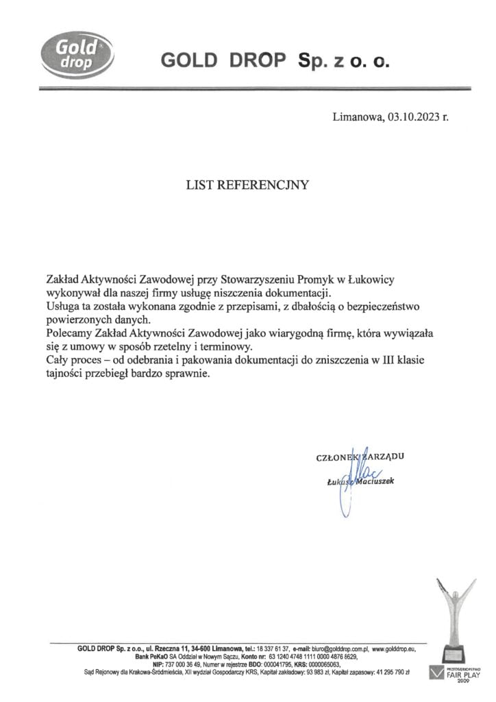 Niszczenie dokumentów dla firmy Goldrop