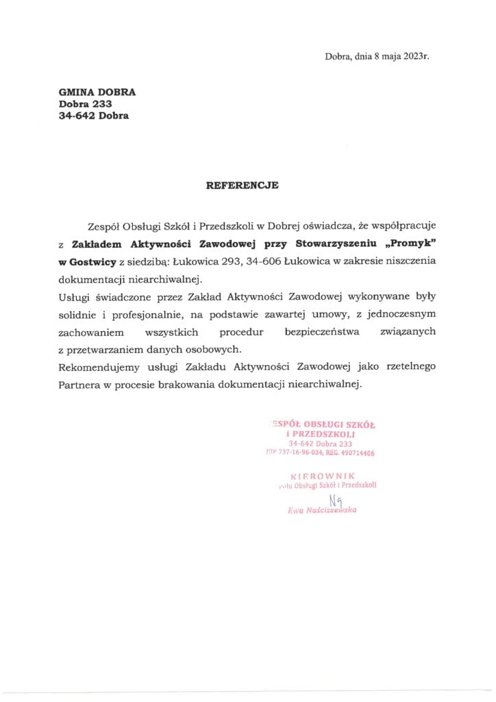 Niszczenie dokumentów dla UG Dobra