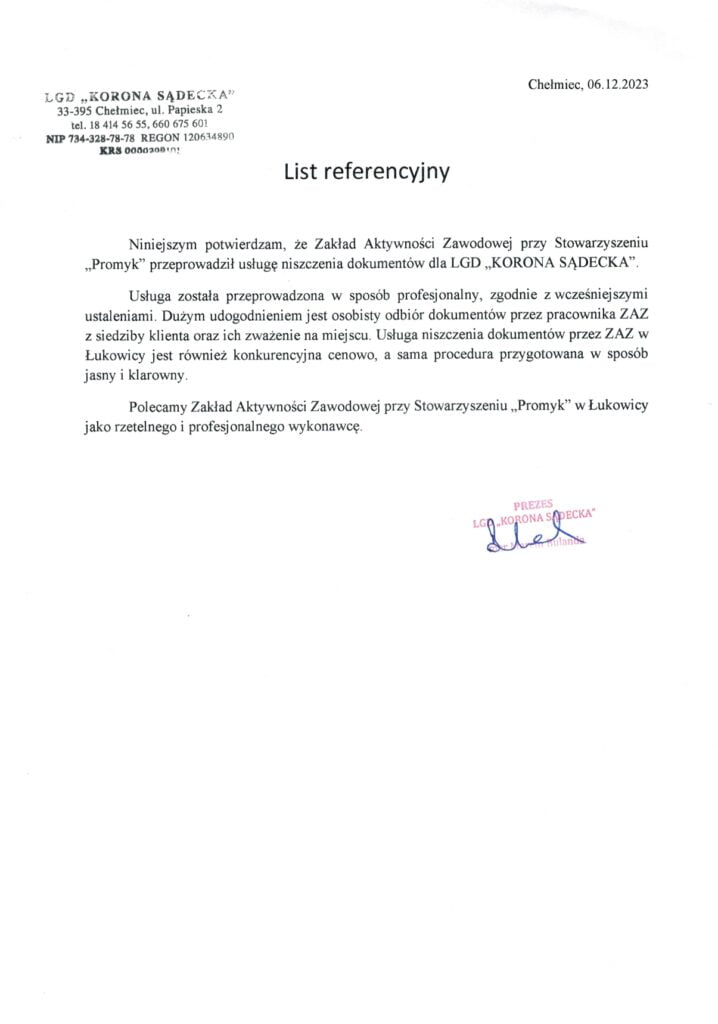 Niszczenie dokumentów dla Lokalnej Grupy Działania