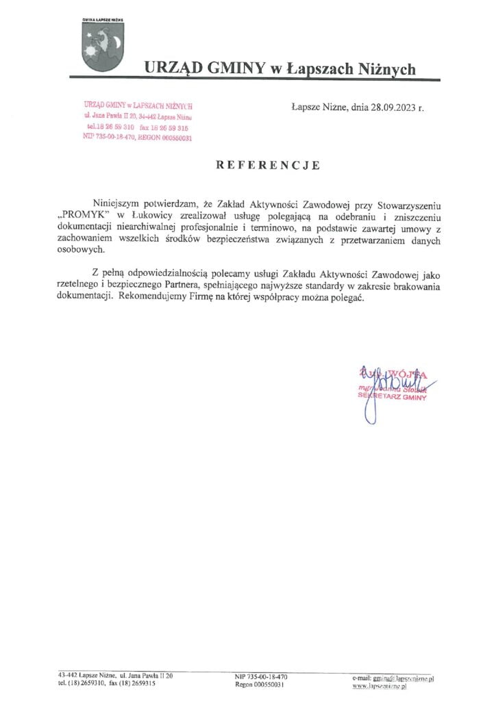 Niszczenie dokumentów dla UG Łapsze Niżne