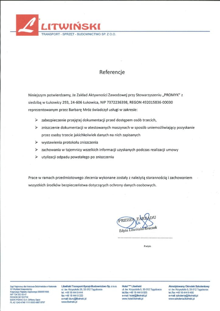 Niszczenie dokumentów dla firmy Litwiński