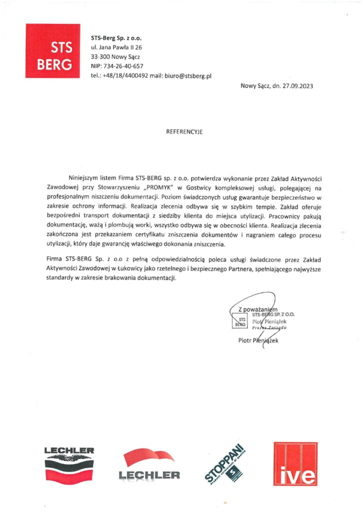 Niszczenie dokumentów dla firmy STS Berg