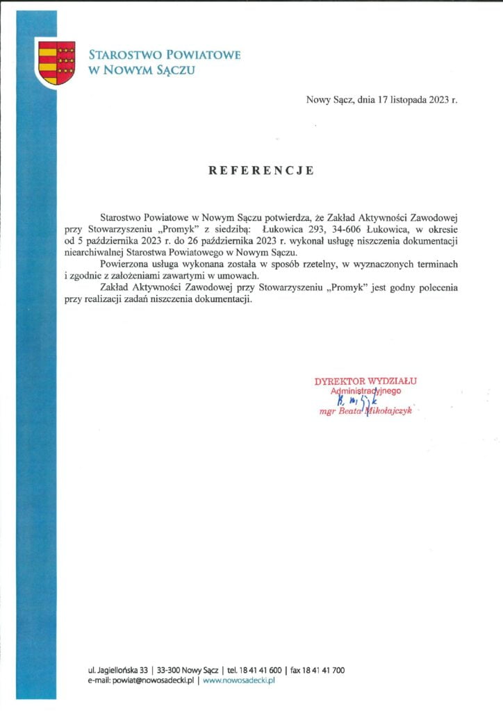 Niszczenie dokumentów dla Starostwa Powiatowego w Nowym Sączu