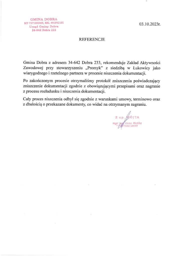 Niszczenie dokumentów dla Urzędu Gminy Dobra