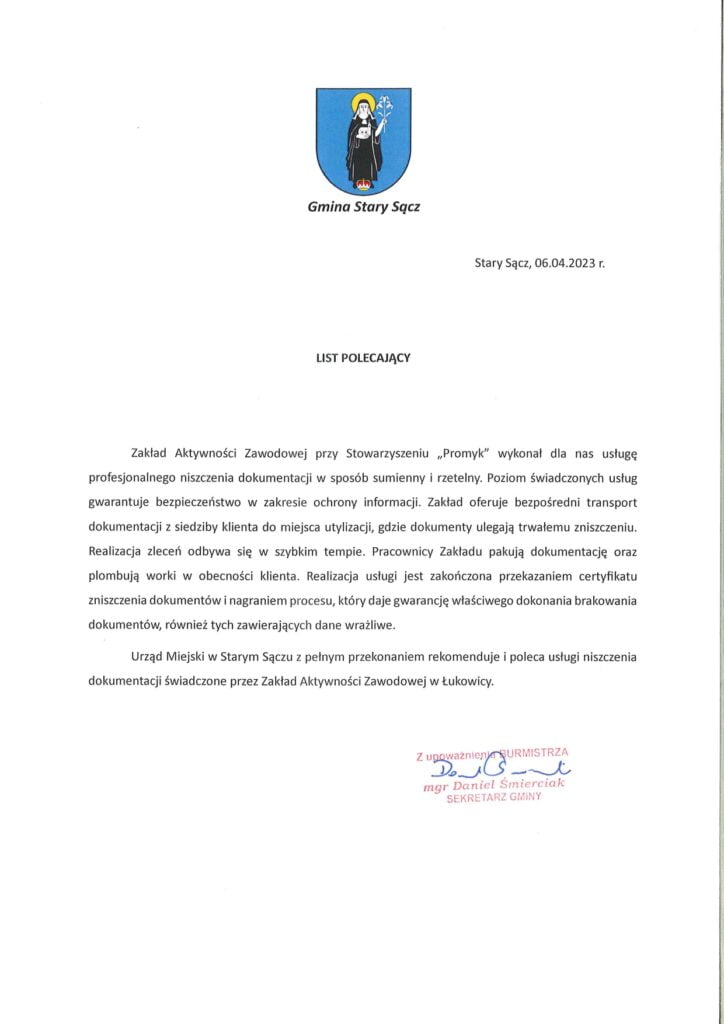 Niszczenie dokumentów Urząd Gminy Stary Sącz