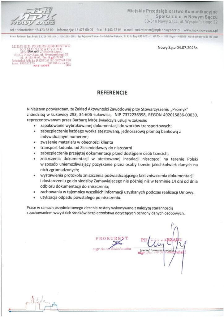 Niszczenie dokumentów dla MPK Nowy Sącz