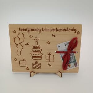 Drewniana kartka prezentowa na pieniądze - bon upominkowy